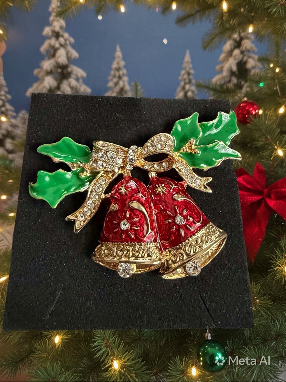 Festive Red Bell & Holly Rhinestone Brooch